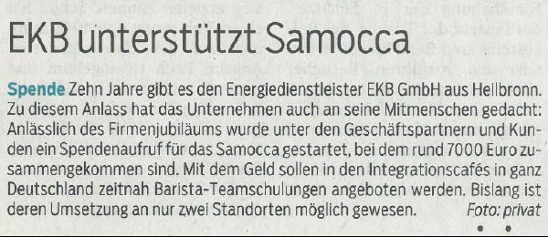 Zeitungsartikel Schwäbische Post "EKB unterstützt SAMOCCA"