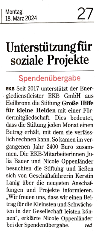 Pressemitteilung Heilbronner Stimme "Unterstützung für soziale Projekte"